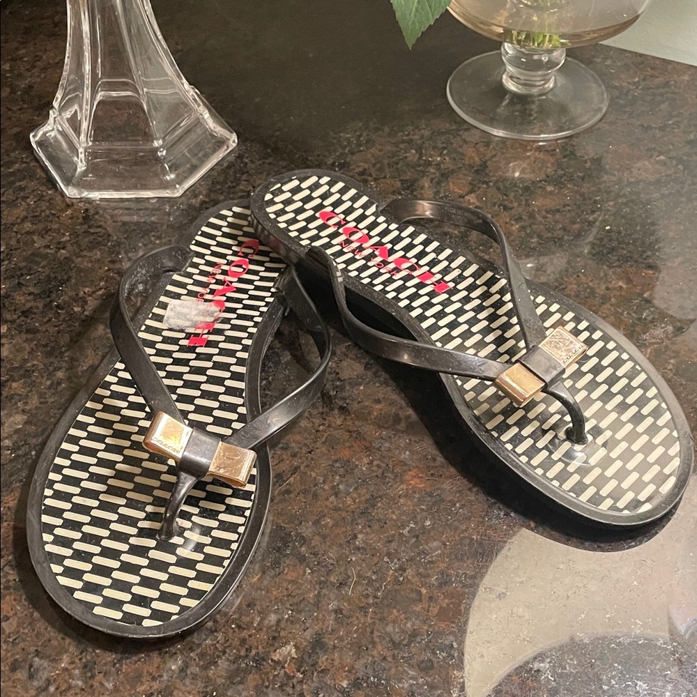 COACH Women’s Black Flip Flop Sandals with Gold Accent - Picture 4 of 9